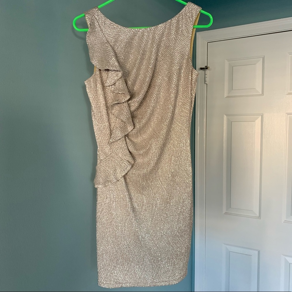 Adrianna Papell Metallic Silver Ruffle Mini Size L